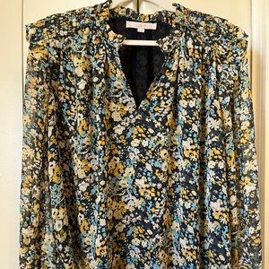 Loft Blouse L Navy Floral Ruffle Sleeve
